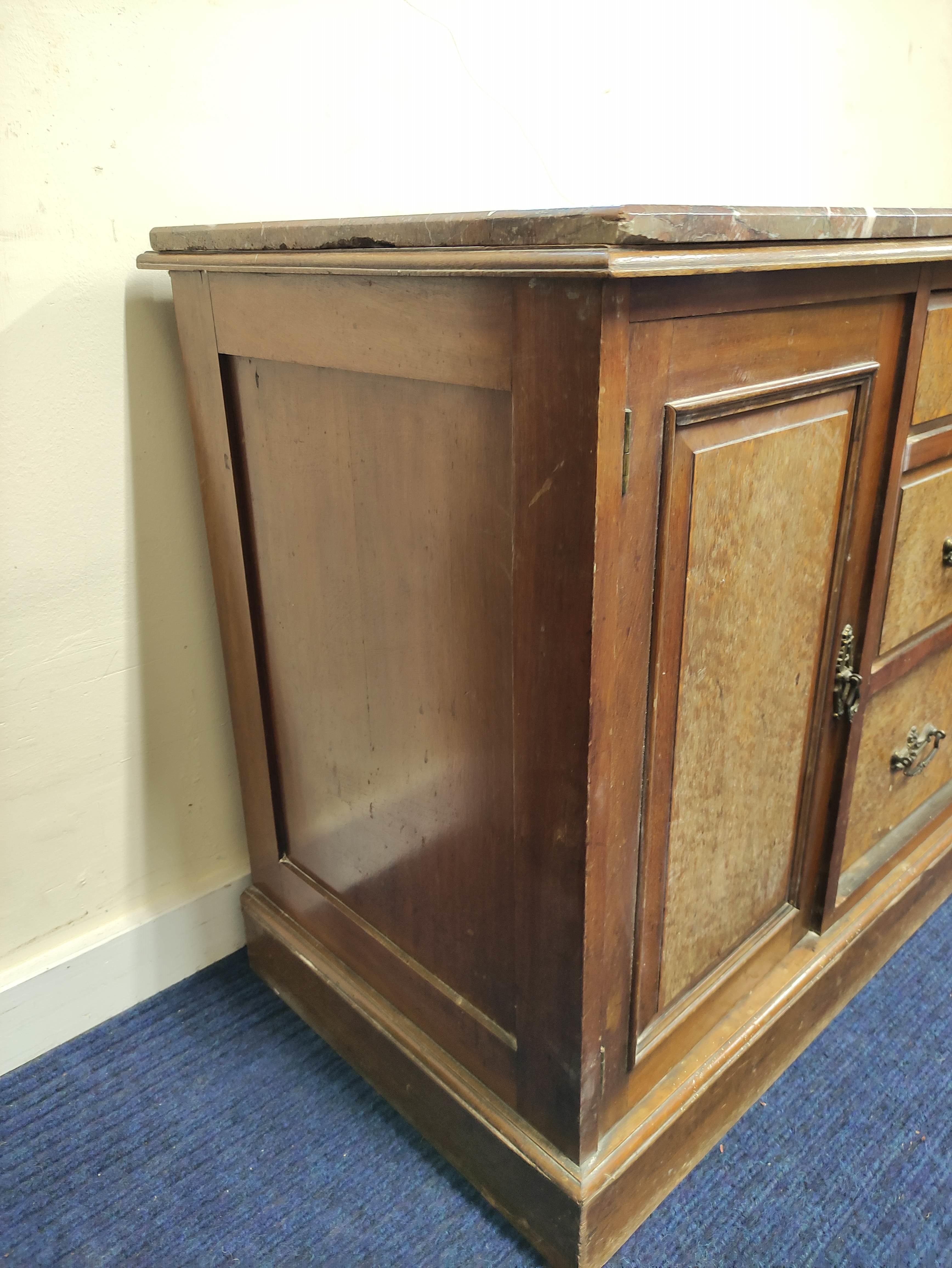 Victorian washstand chest, marble top over three drawers, flanked by panel door cupboard. 112cm. - Image 3 of 5