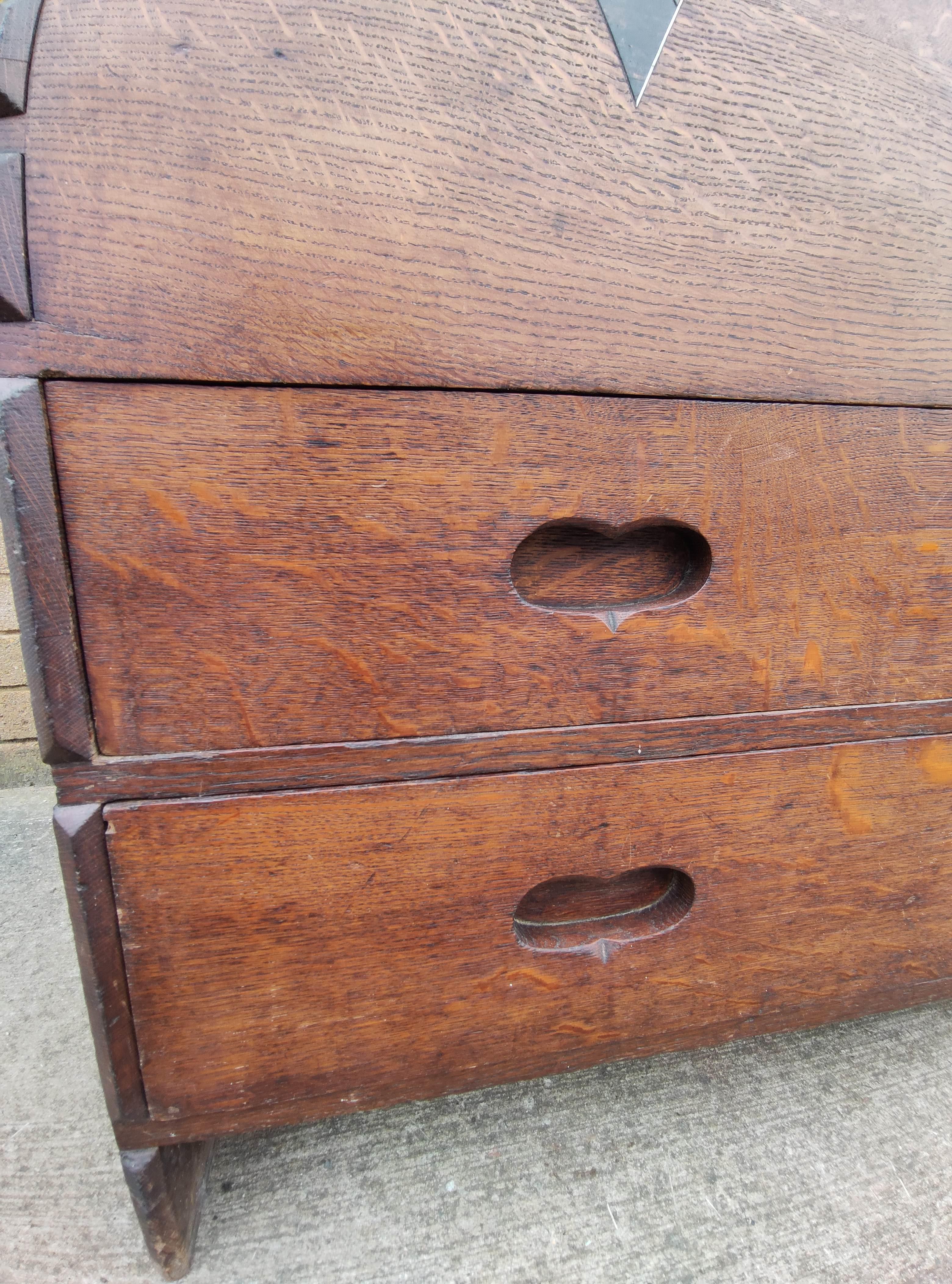 Rare Arts and Crafts coffer chest, attributed to  Heals, with tapering sides, angled rising top, - Image 6 of 7