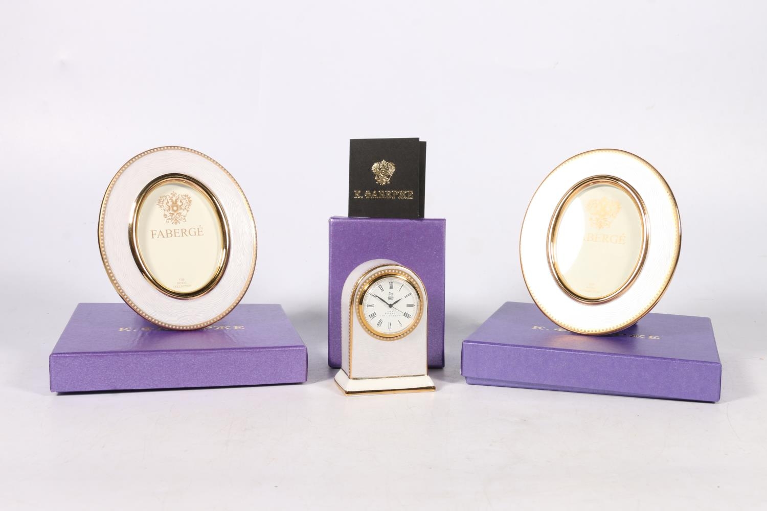 English Fine Bone China, 'The Royal Collection Fabergé' boudoir clock decorated with imitation