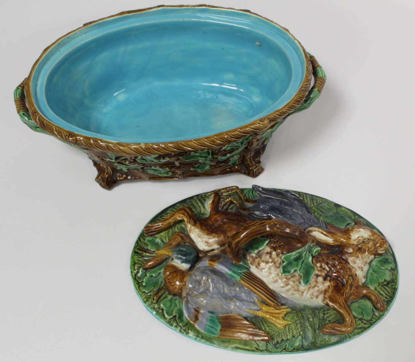 Victorian Minton majolica game pie tureen of twin handled oval form, the relief moulded naturalistic - Image 8 of 22