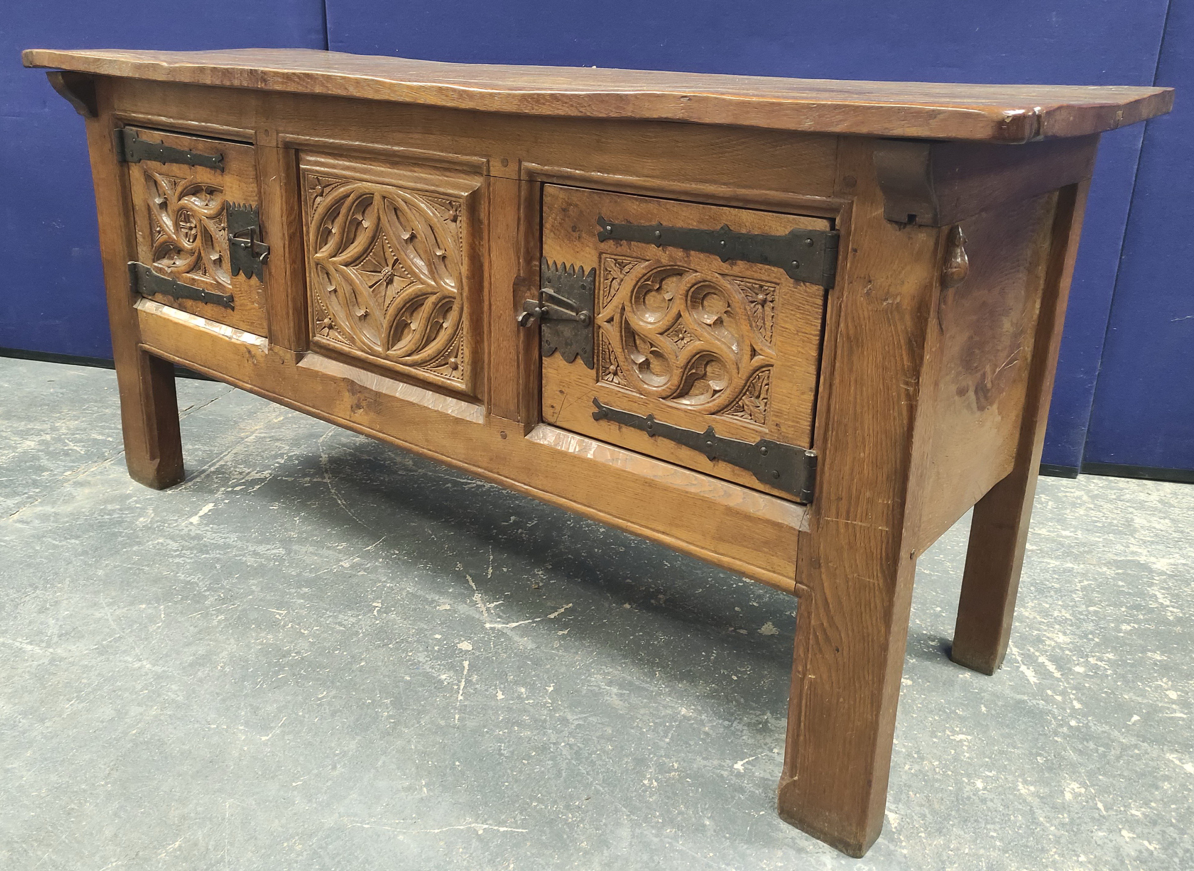 Robert "Mouseman" Thompson, oak sideboard, the rectangular top with scroll incised corners above - Image 4 of 10