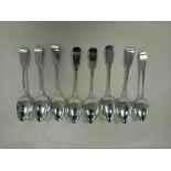 Set of seven silver table spoons, Edinburgh 1817/18 and two others, London 1800 and 1860, 490g /