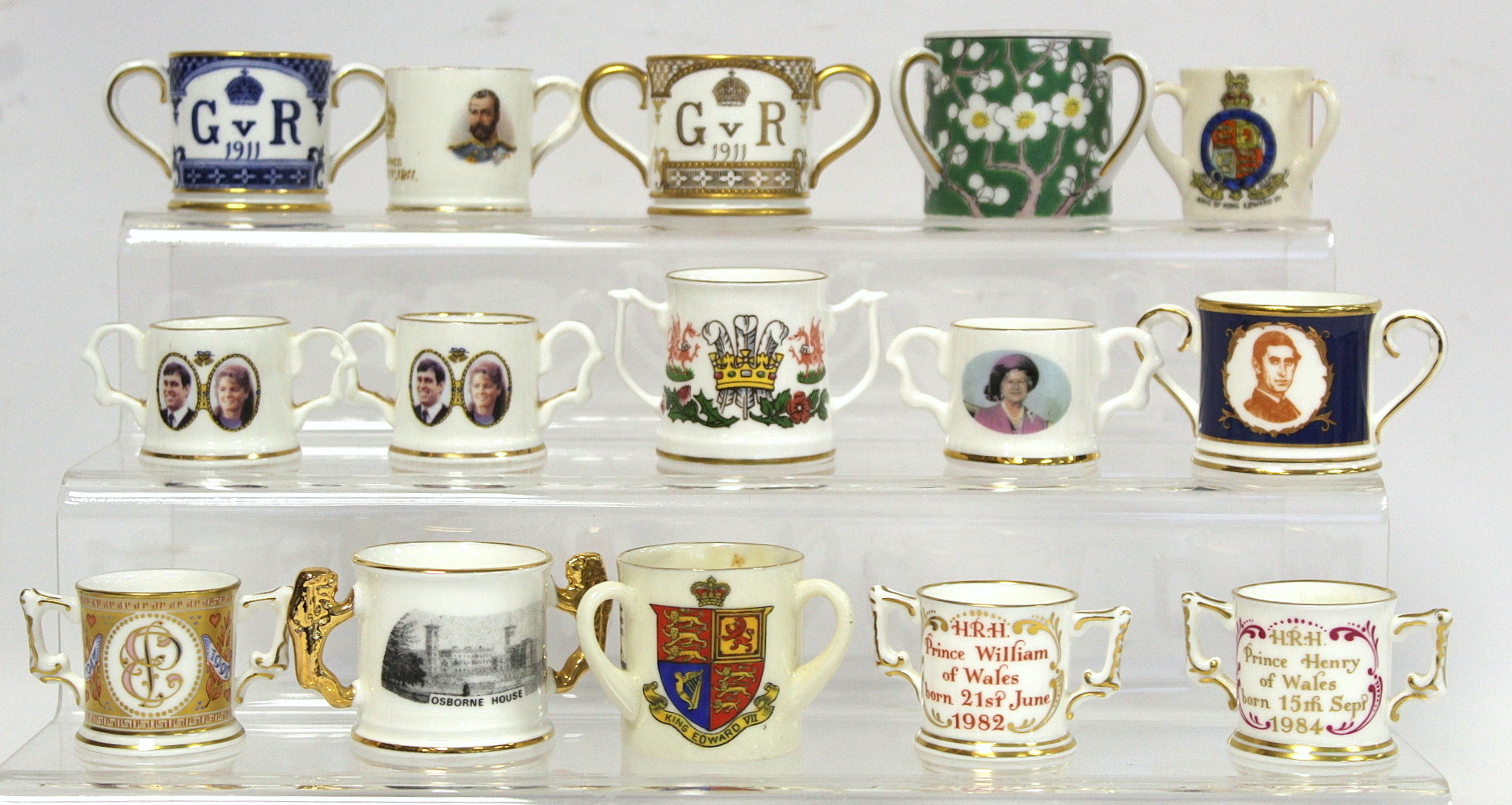 Collection of sixteen miniature royal commemorative tygs, loving cups and a mug including Royal