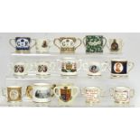 Collection of sixteen miniature royal commemorative tygs, loving cups and a mug including Royal