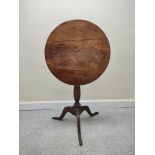 Georgian fruitwood circular pedestal table with tilt top on turned column & tripod supports. 53cm