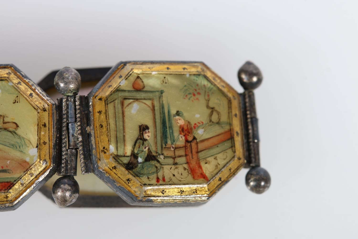 Two Persian bracelets with mother-of-pearl links depicting birds, temple and floral mosaic scenes on - Image 6 of 12