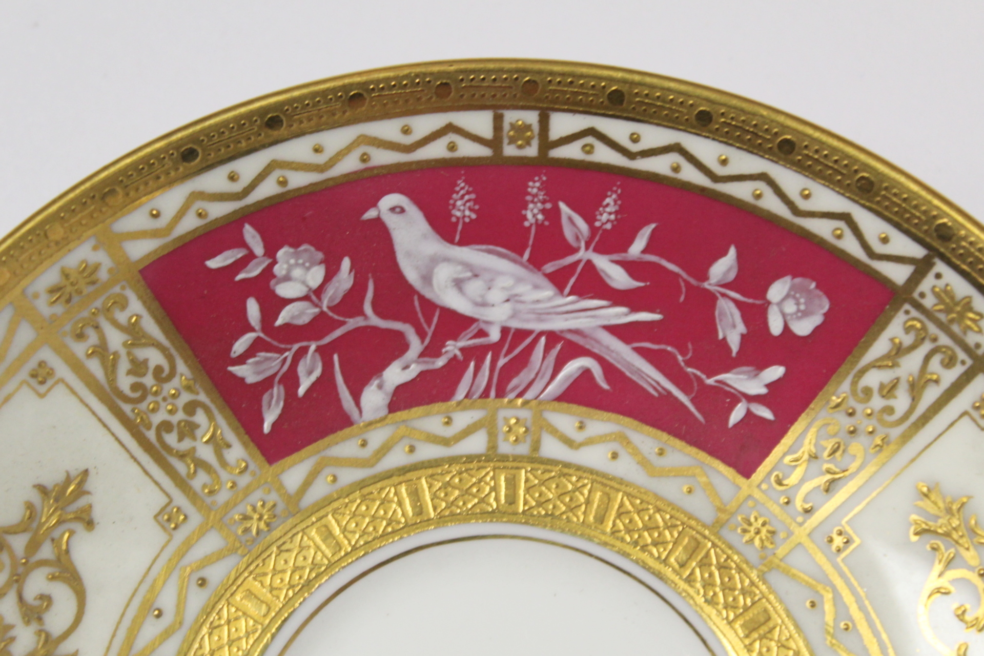 Minton bone china pate sur pate cabinet cup and saucer with cerise and white panels of exotic - Image 20 of 26