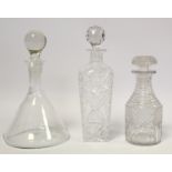 Small Regency style cut glass decanter, 21cm high; another of tapered square form, 29cm high and a