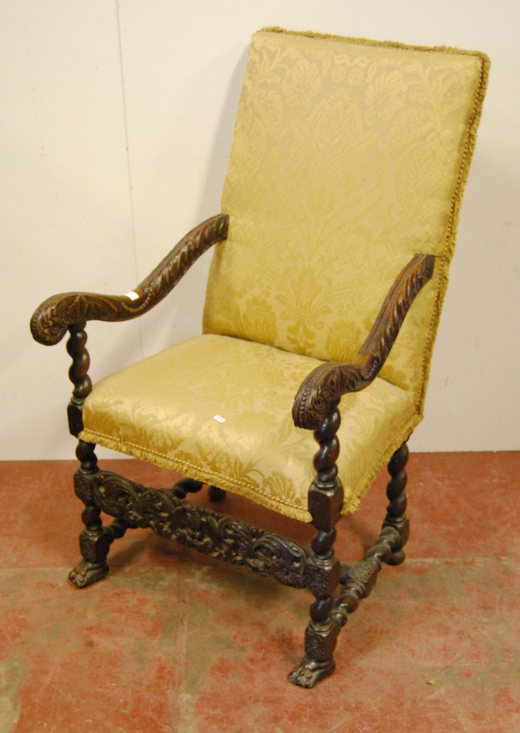 Jacobean revival armchair with acanthus decorated scroll arm rests, on barley column and block