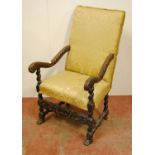 Jacobean revival armchair with acanthus decorated scroll arm rests, on barley column and block