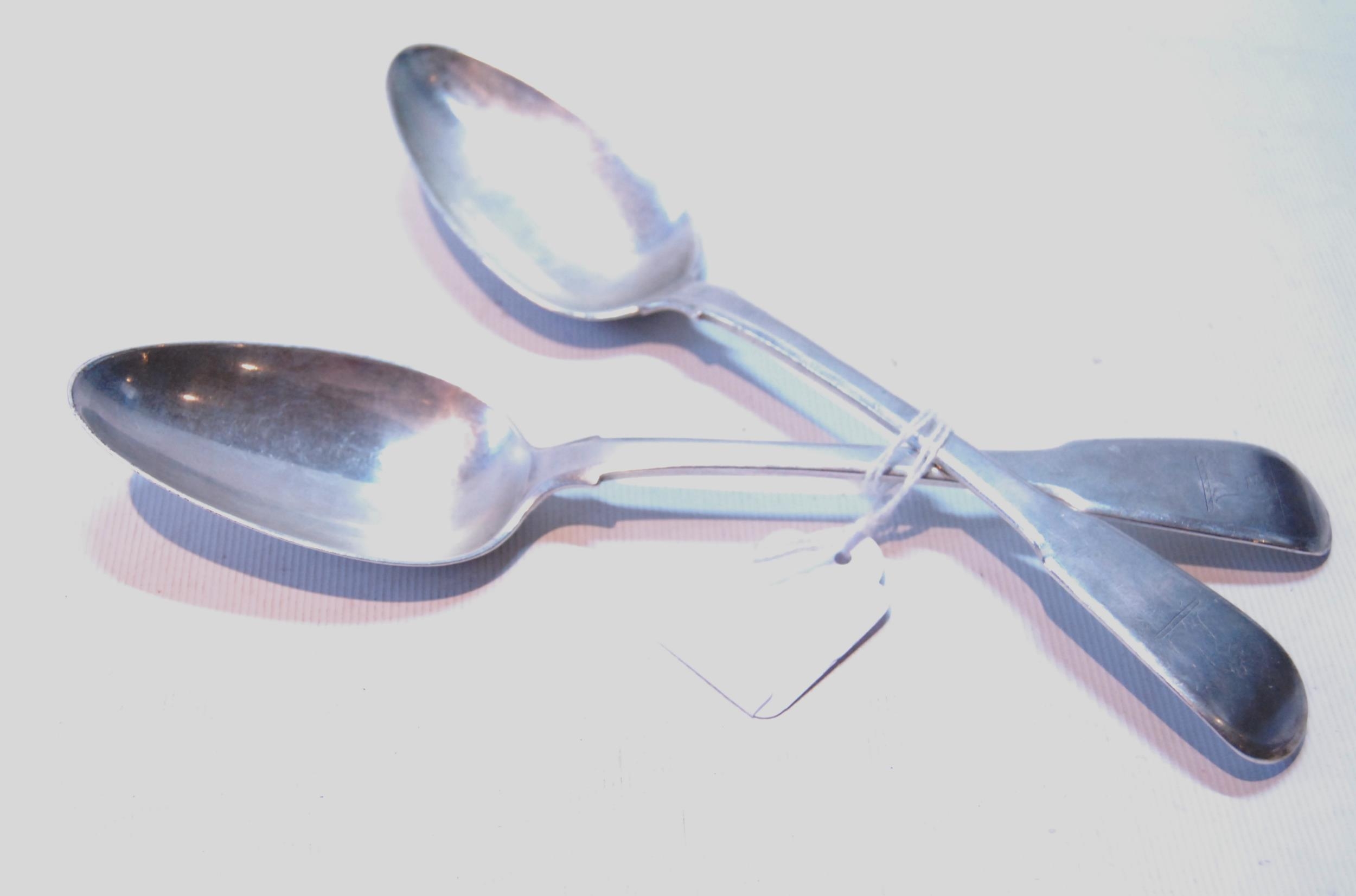 Pair of colonial silver fiddle pattern tablespoons, crested, pseudo London marks for 1798,