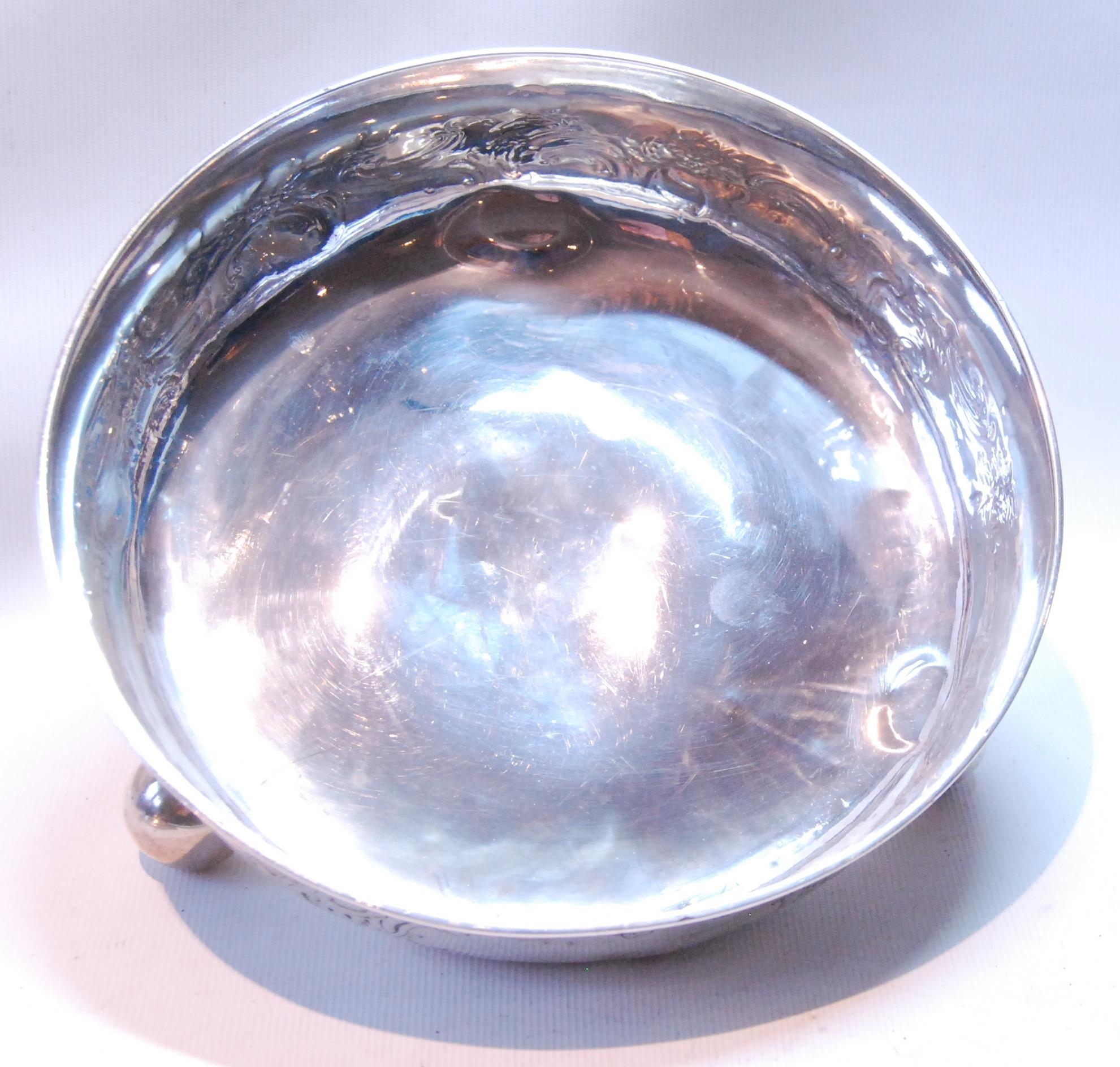 Silver circular bowl with embossed scrolls on ball feet, and the cover, by Charles & George Fox, - Image 4 of 7