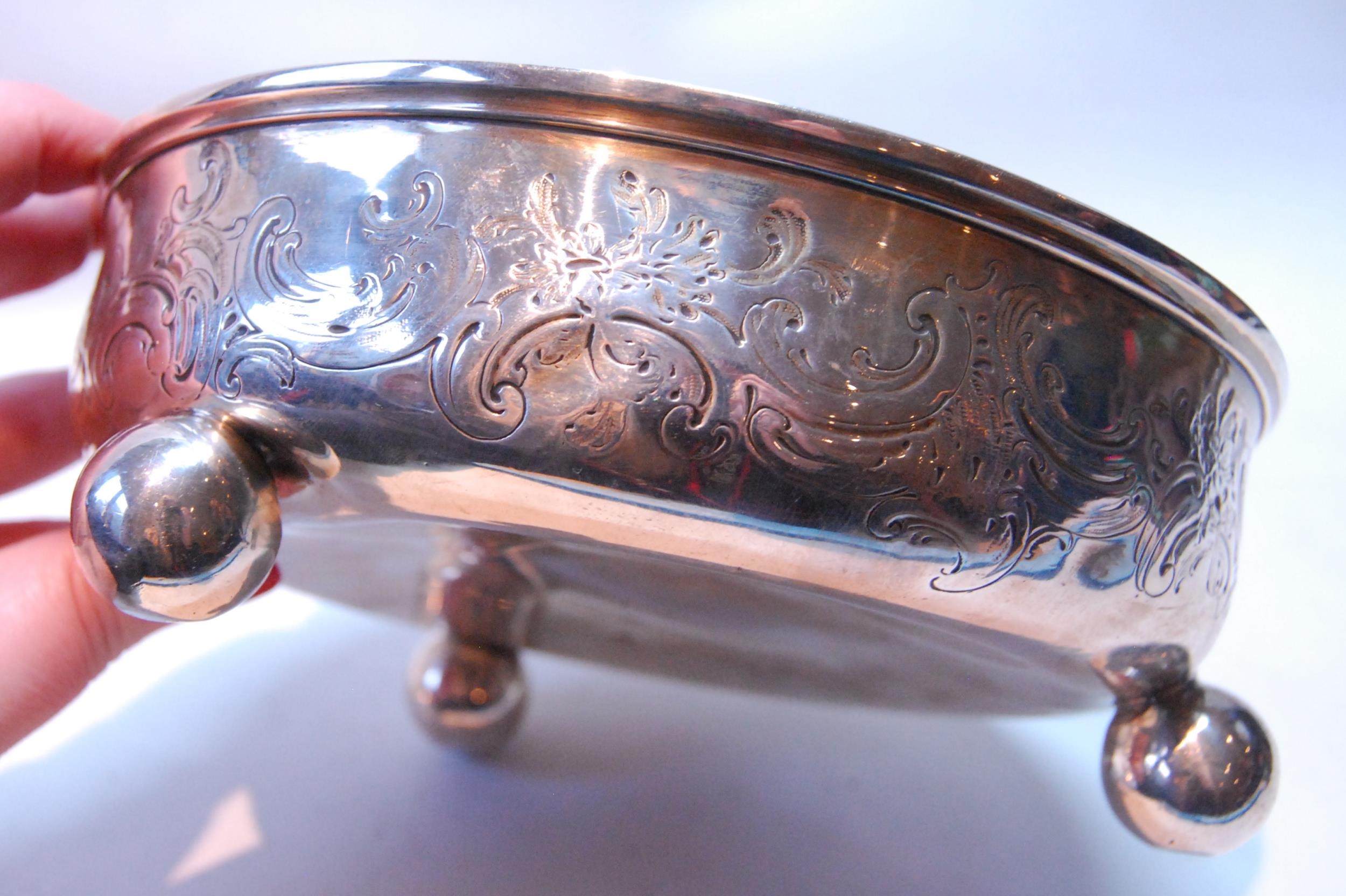 Silver circular bowl with embossed scrolls on ball feet, and the cover, by Charles & George Fox, - Image 6 of 7