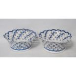 Pair of 18th century English porcelain circular dishes, c. 1770, with lattice decoration, floral