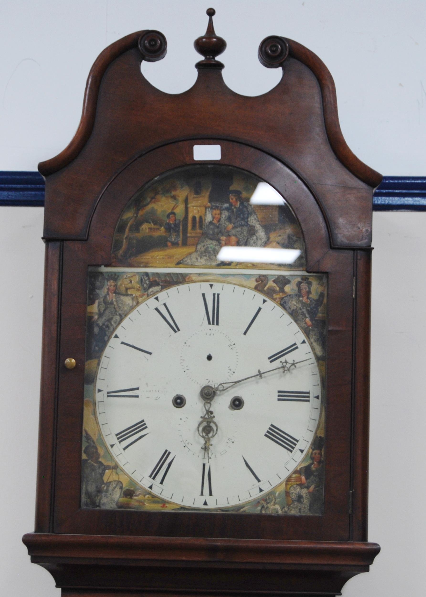 19th century mahogany eight day longcase clock, the 14in dial painted with historical figures from - Image 2 of 7