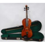 Antique violin, ebonised finger board, no label to the interior, with bow marked D Schwarz