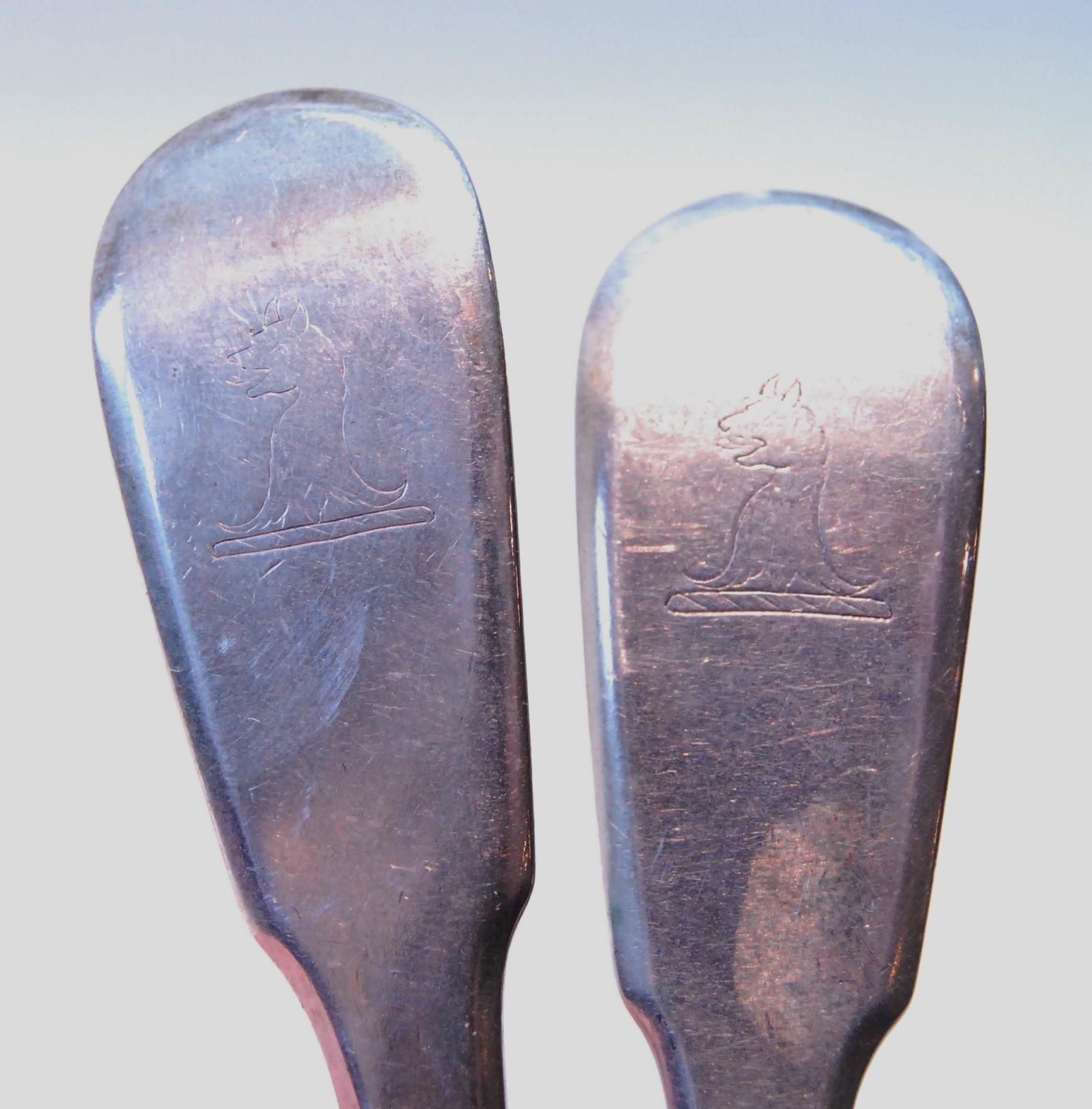 Pair of colonial silver fiddle pattern tablespoons, crested, pseudo London marks for 1798, - Image 2 of 3