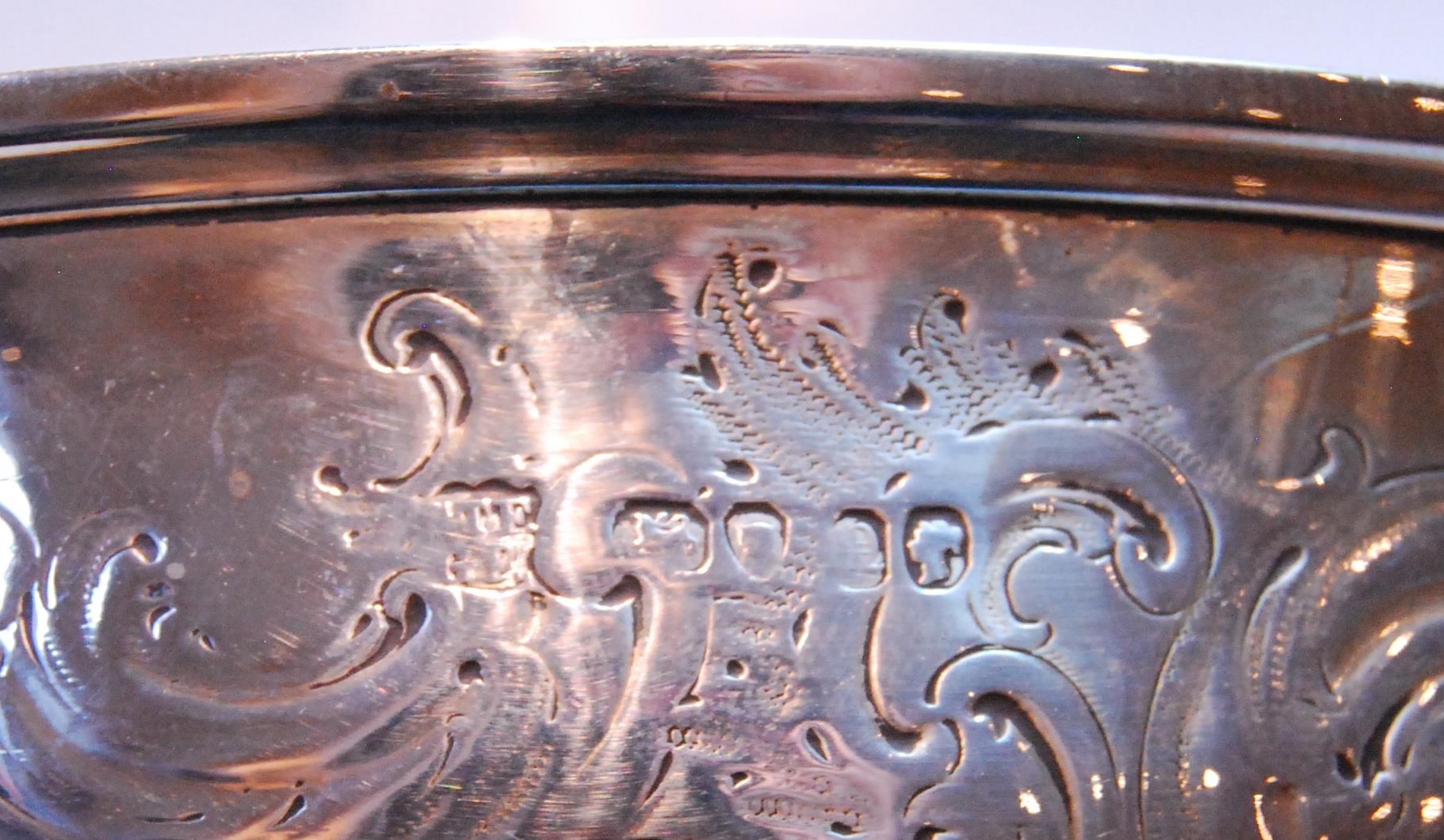 Silver circular bowl with embossed scrolls on ball feet, and the cover, by Charles & George Fox, - Image 2 of 7
