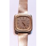 Lady's 9ct gold Jean Renet quartz wristwatch, the square dial with baton markers, on 9ct gold