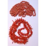 Coral branch necklace of long form, 72.5cm long, and a string of coral-style beads with yellow metal
