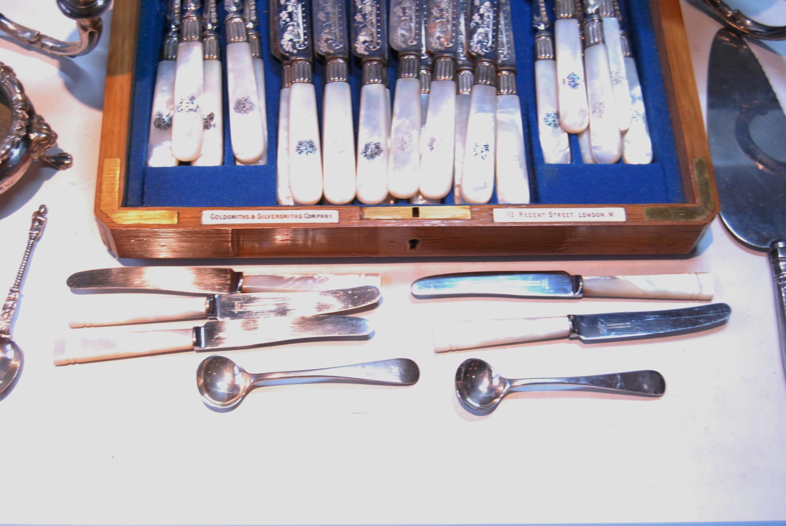 Pair of EP candelabra branches, c. 1860, fruit knives and forks and various other items. - Image 4 of 5