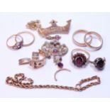 Gem pendant, a 9ct gold badge, a garnet ring, several others, broken and other items, 29.5g.