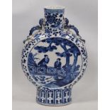 Chinese blue and white Kangxi-style flask with central panel bearing figures in a garden scene in