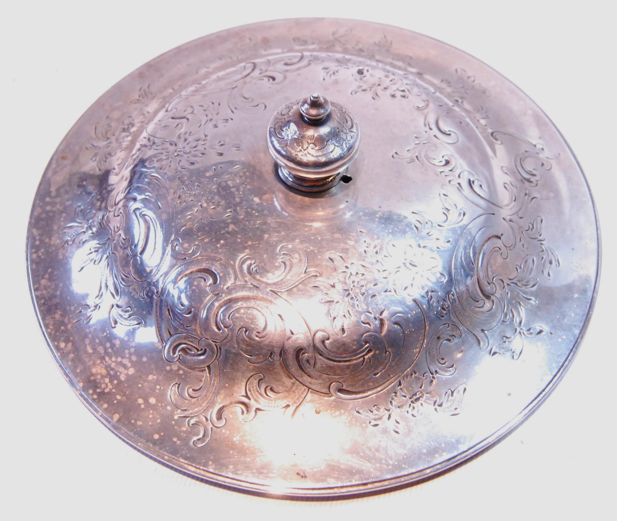 Silver circular bowl with embossed scrolls on ball feet, and the cover, by Charles & George Fox, - Image 7 of 7