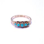Victorian 15ct gold engraved ring with five turquoise stones and beading, 1876, size O.