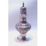 Silver baluster caster embossed with scrolls, Birmingham 1903, 136g or 4oz.