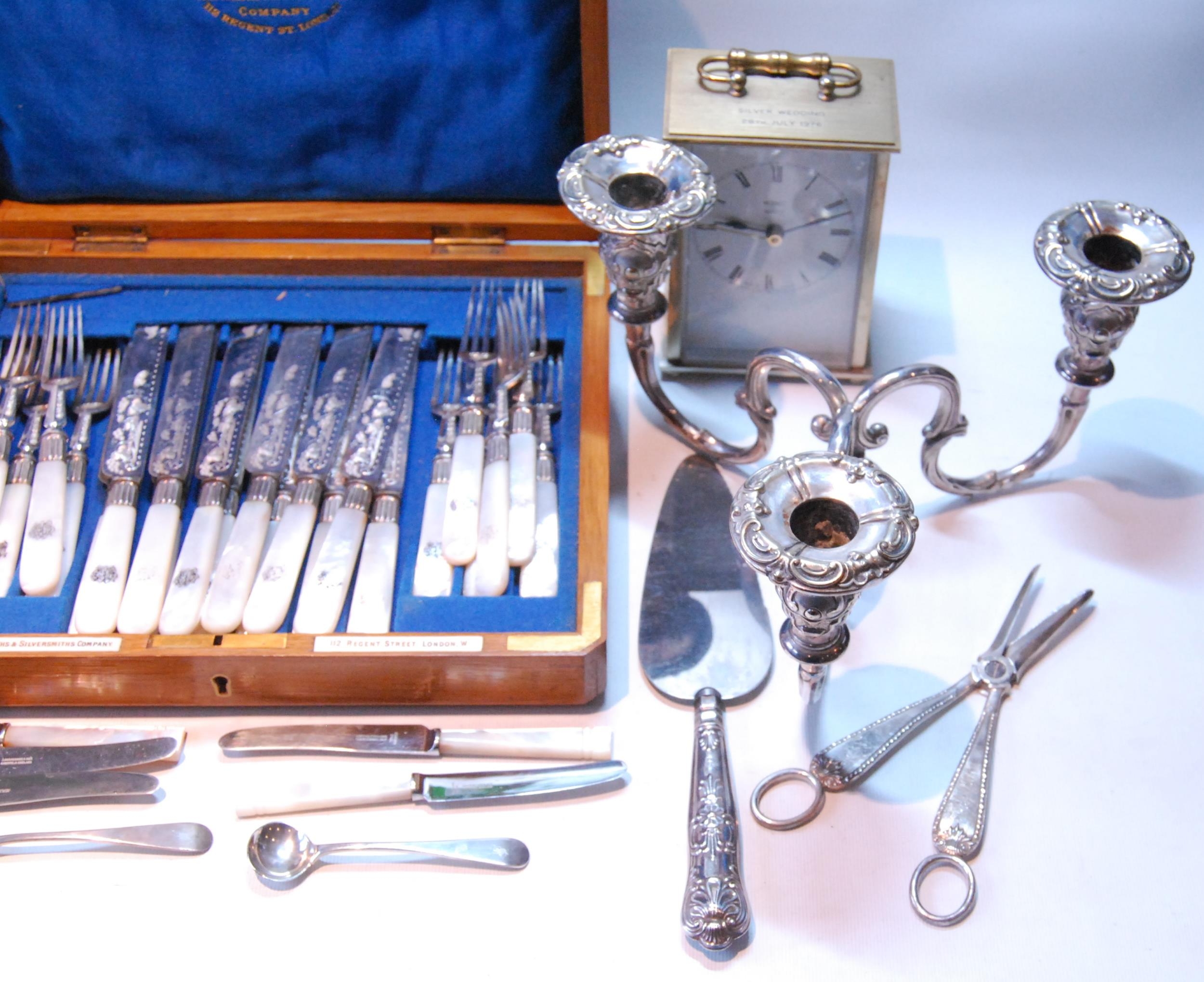 Pair of EP candelabra branches, c. 1860, fruit knives and forks and various other items. - Image 5 of 5