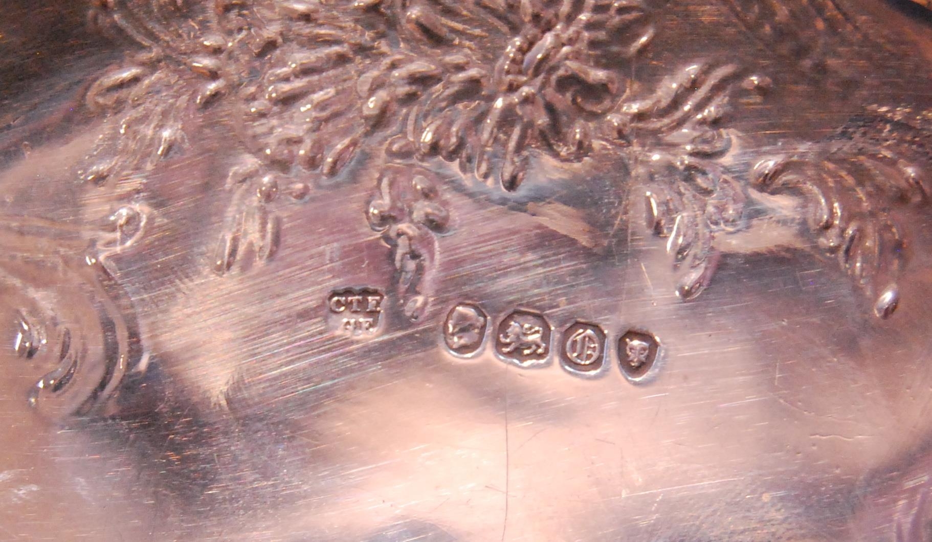 Silver circular bowl with embossed scrolls on ball feet, and the cover, by Charles & George Fox, - Image 3 of 7