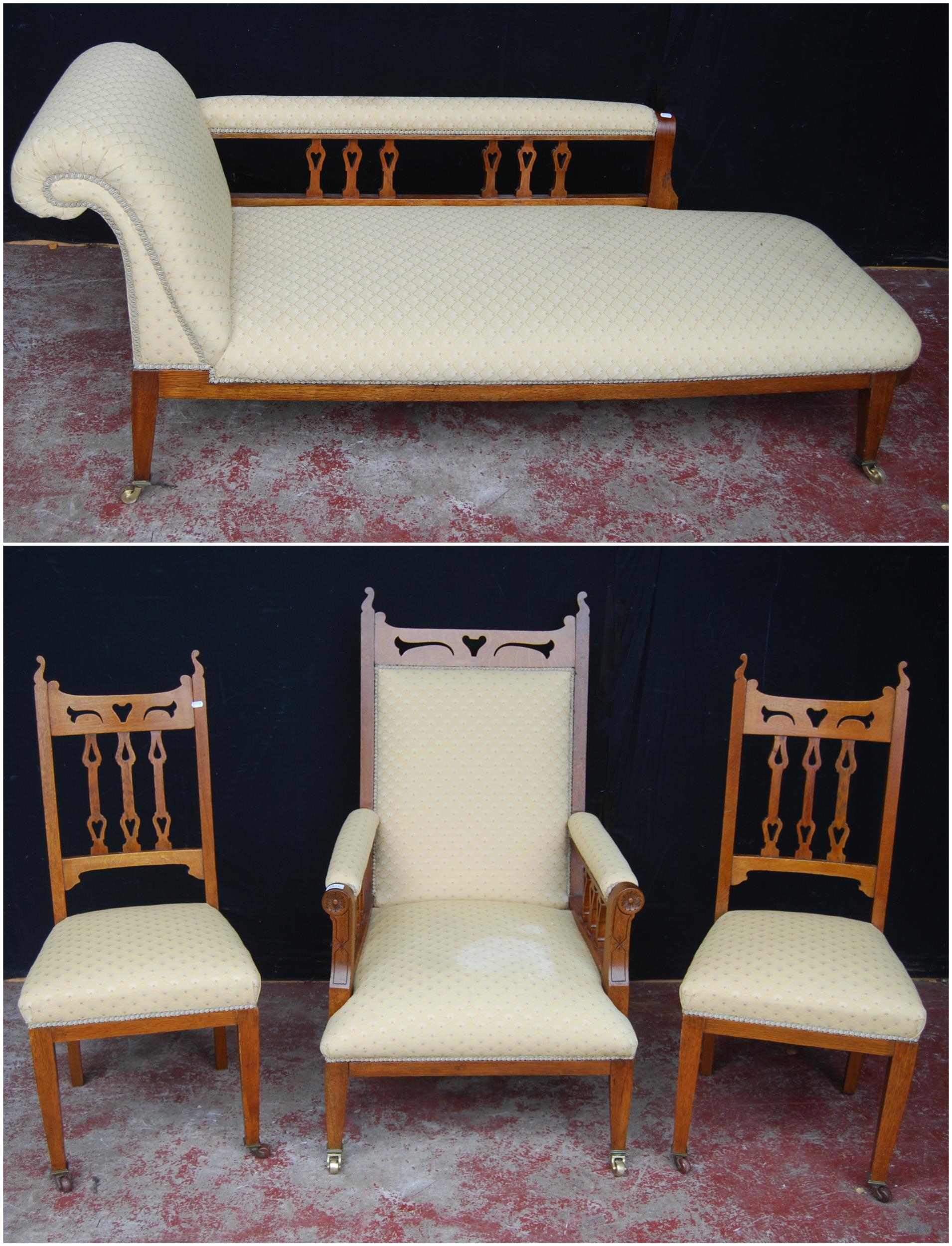 Art Nouveau oak four-piece parlour suite comprising a chaise longue, armchair and two side chairs,
