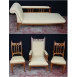 Art Nouveau oak four-piece parlour suite comprising a chaise longue, armchair and two side chairs,