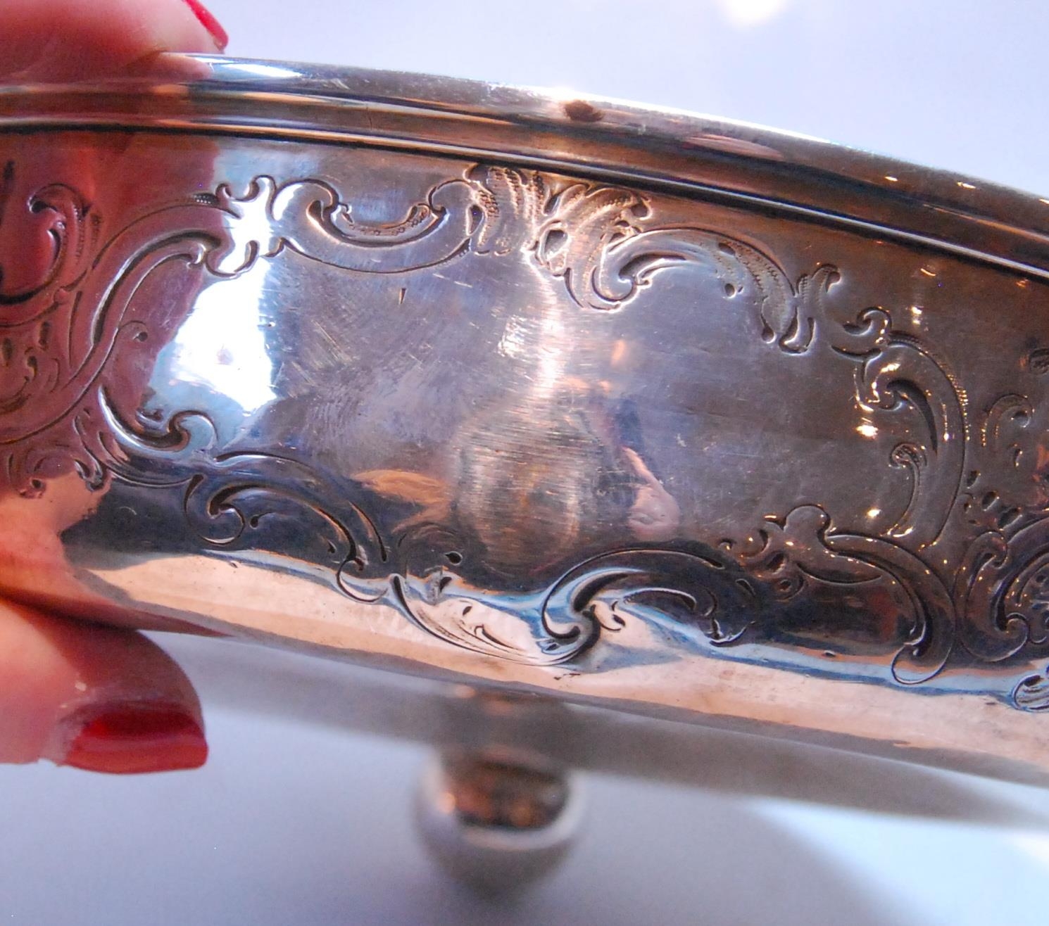 Silver circular bowl with embossed scrolls on ball feet, and the cover, by Charles & George Fox, - Image 5 of 7