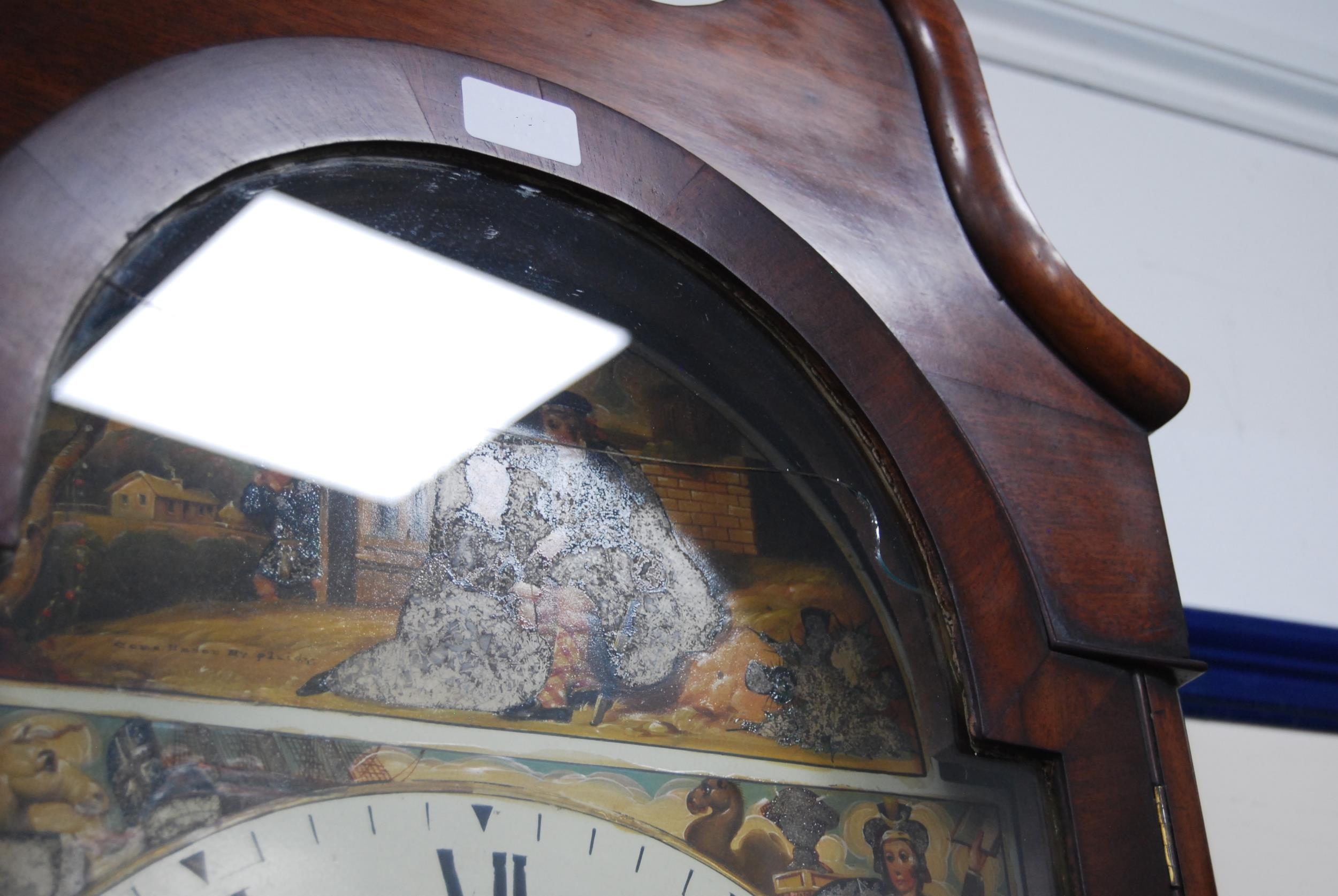 19th century mahogany eight day longcase clock, the 14in dial painted with historical figures from - Image 3 of 7