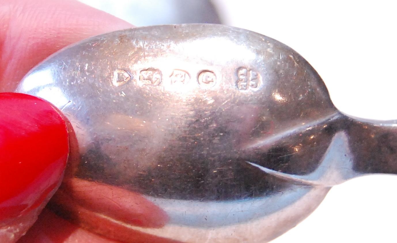 Silver sauce boat, four coffee spoons, a butter knife, 1881, and four embossed salts, 1882, 374g - Image 5 of 5