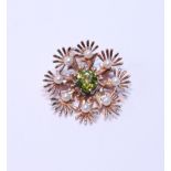 9ct gold snowflake brooch with pearls and peridot, 5.5g.