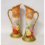 Pair of Nautilus Porcelain jugs (Possil Pottery, Glasgow) decorated with pierced panels and roses on