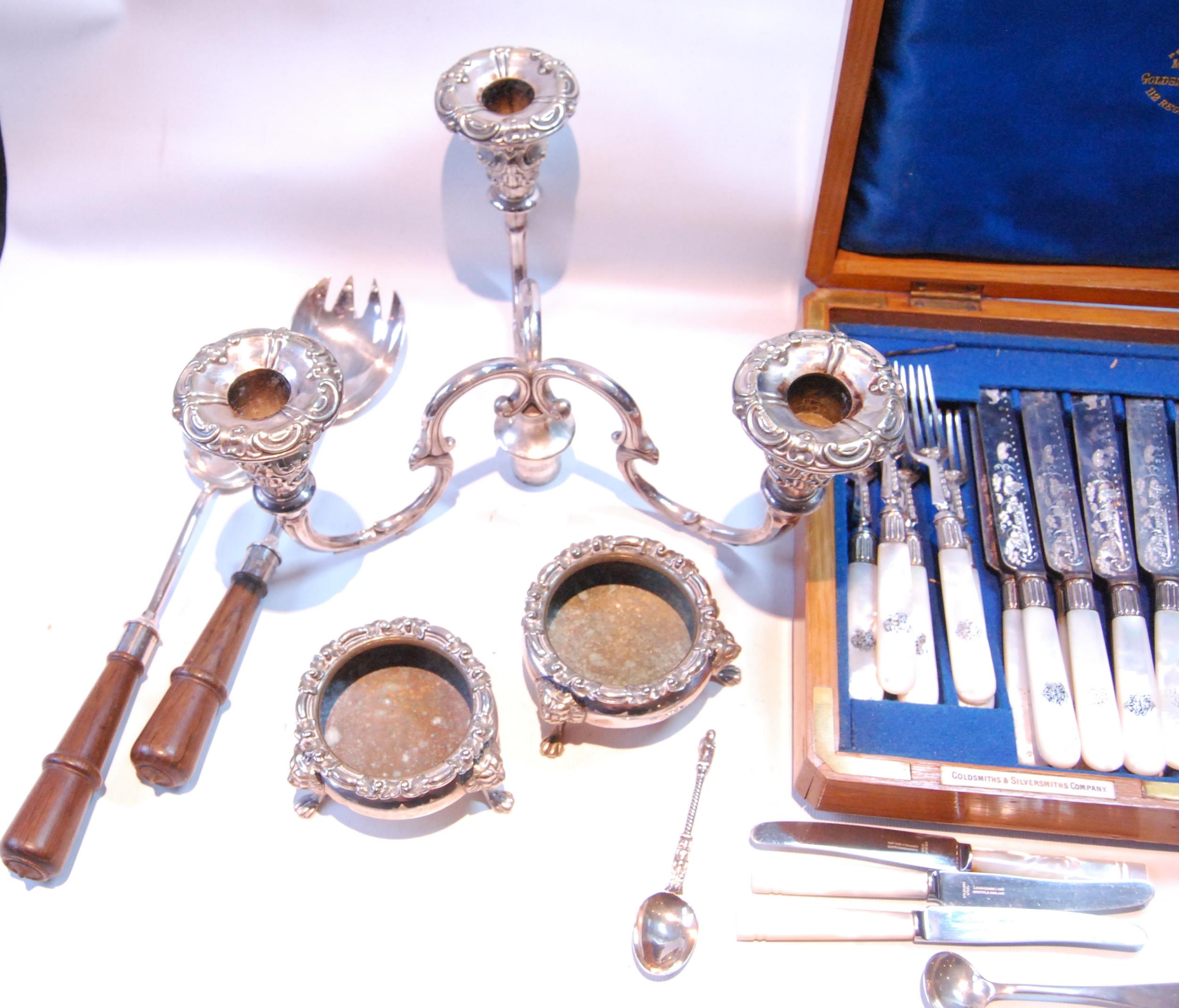 Pair of EP candelabra branches, c. 1860, fruit knives and forks and various other items. - Image 2 of 5