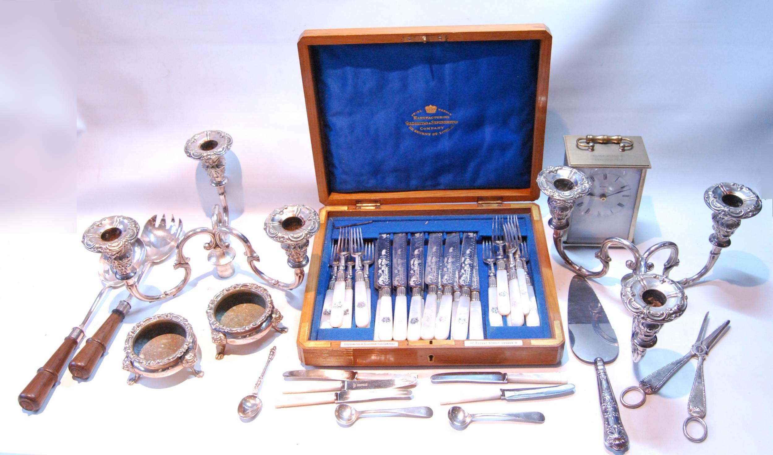 Pair of EP candelabra branches, c. 1860, fruit knives and forks and various other items.