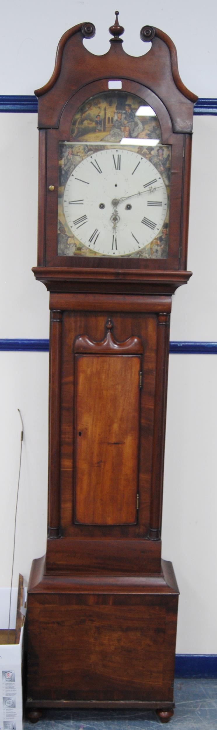 19th century mahogany eight day longcase clock, the 14in dial painted with historical figures from