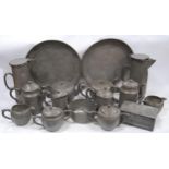 Collection of Chinese export pewter tablewares by Kut Hing to include two water jugs, two coffee