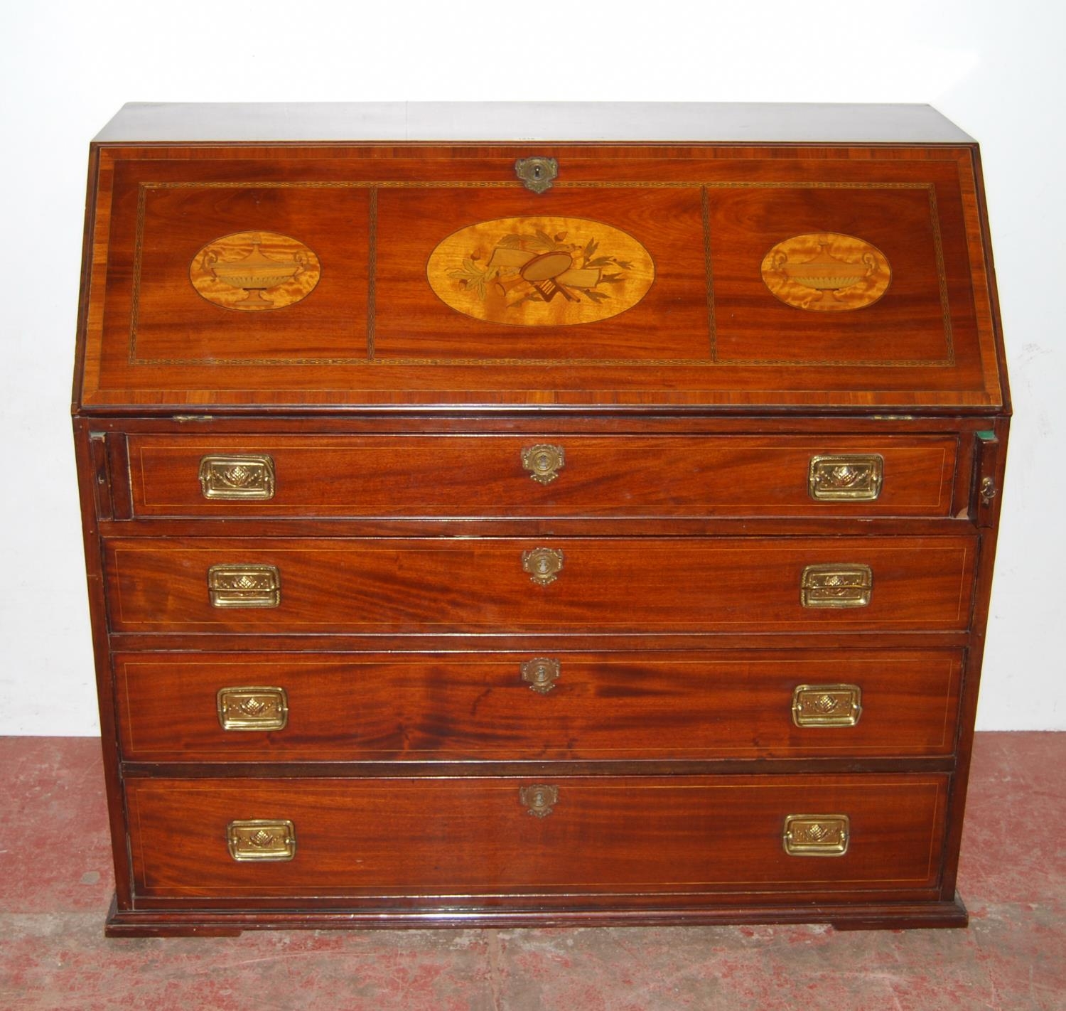 George III style Scottish inlaid mahogany writing bureau, the fall front with three satinwood,