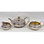 Silver three-piece tea set of compressed globular form, part fluted, by Emes & Barnard, 1813, 1,057g