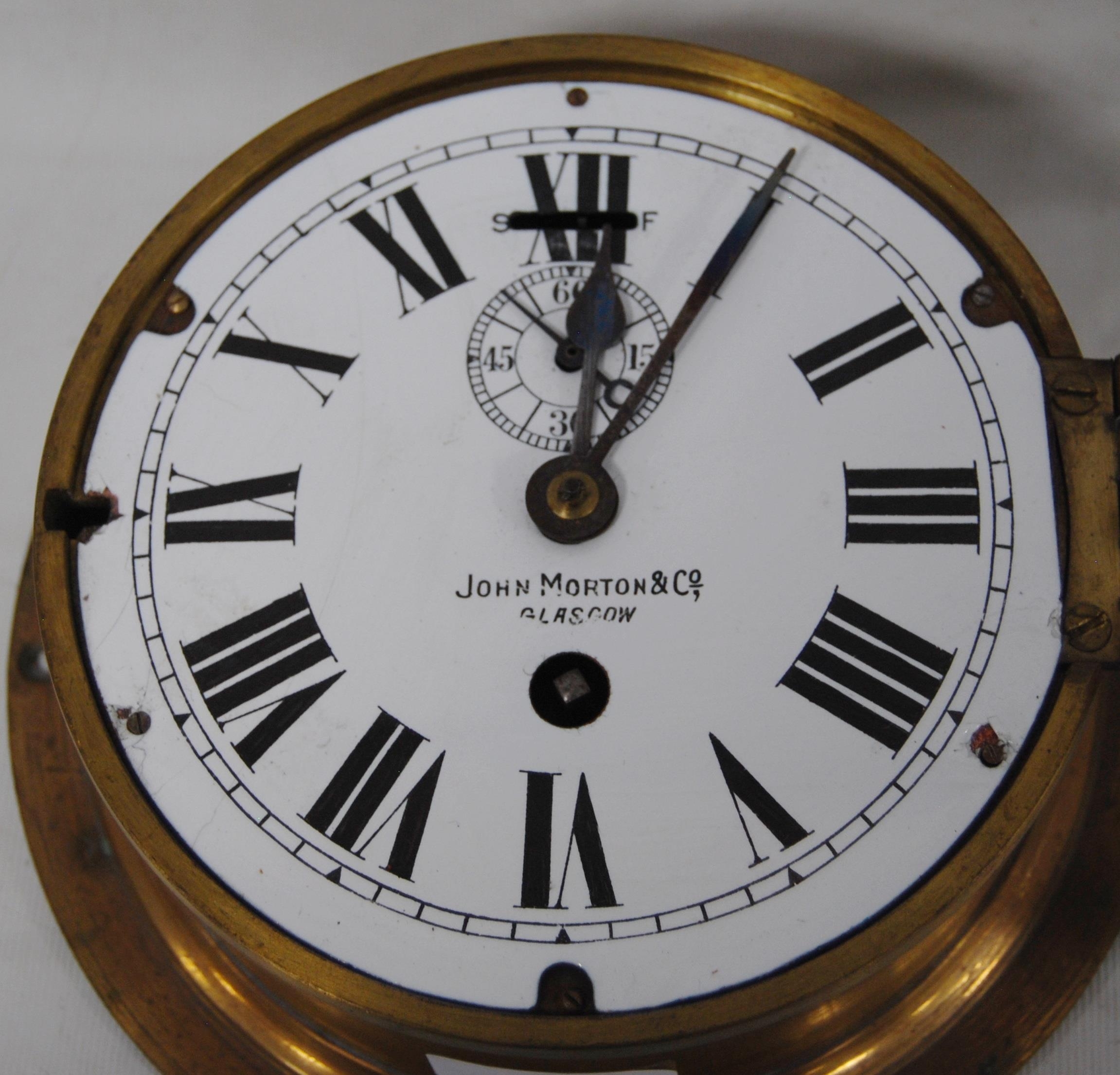 Ship's bulkhead wall clock, the dial named to John Morton & Co., Glasgow, with subsidiary seconds - Image 3 of 4