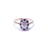 Diamond and sapphire cluster ring, in gold, '18ct', size P, 2.6g.