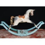 Vintage painted wood dapple grey rocking horse fixed to a painted cradle, with loose stirrups,