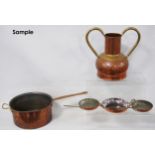 Collection of antique and later copper kitchenalia to include pots, brandy pans, twin-handled bowls,