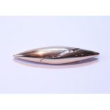 9ct gold brooch of plain torpedo shape with three small diamond brilliants, two colour '9ct', 14g.